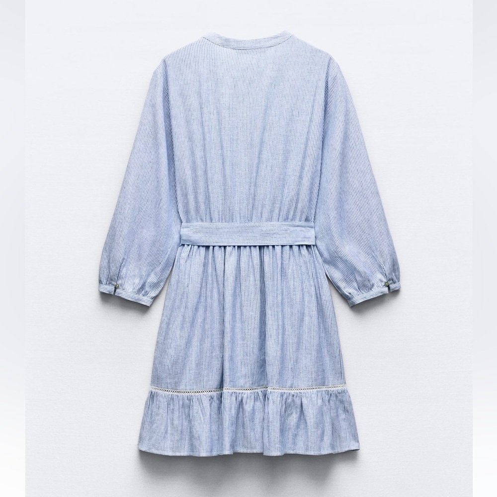 New ZARA Linen Bland Striped Inserts V-neck Long Sleeve Mini Dress - Picture 2 of 8